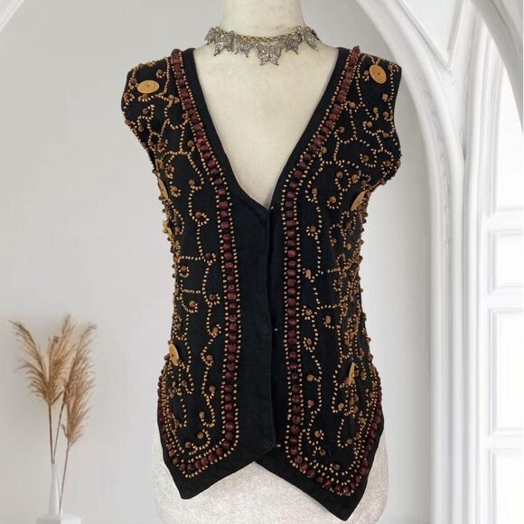 Black Cotton Brown Tan Wood Beaded Boho Embroidered Button Up Vest Top S - Picture 1 of 7